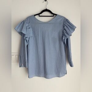 NWT ZARA Women’s XS Blue White Striped Ruffle Sleeved Open Back Top